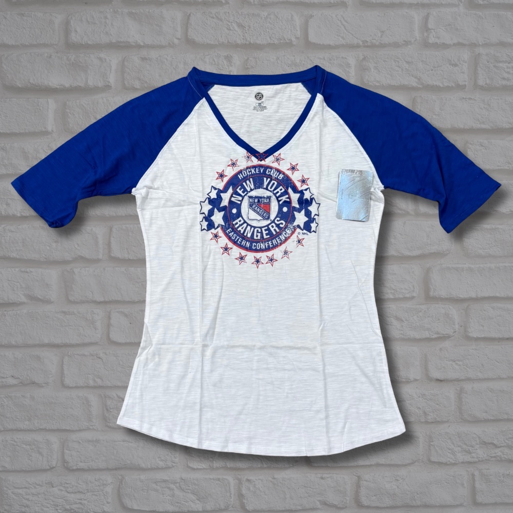 NY Rangers Womens L Raglan Tee NWT White Blue 100% Cotton NHL Hockey T-Shirt
